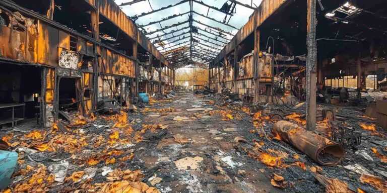 Commercial building heavily damaged by fire with extensive structural destruction requiring emergency commercial fire restoration services from Paul Davis Restoration of Brooklyn West